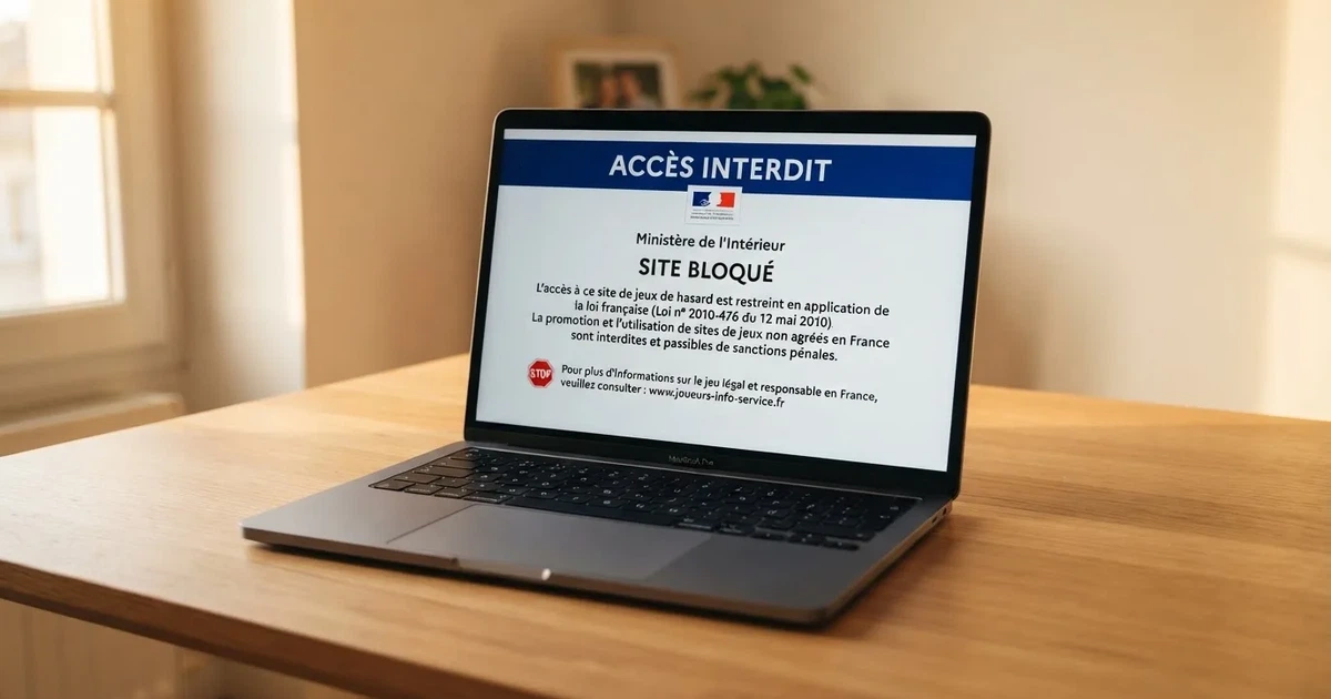 Bandeau d'avertissement d'accès bloqué affiché à la place d'un site de casino en ligne depuis la France