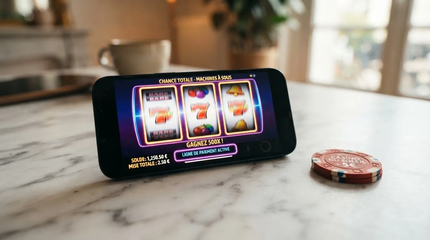 Grille d'une machine à sous éligible aux tours gratuits affichée sur l'écran d'un smartphone