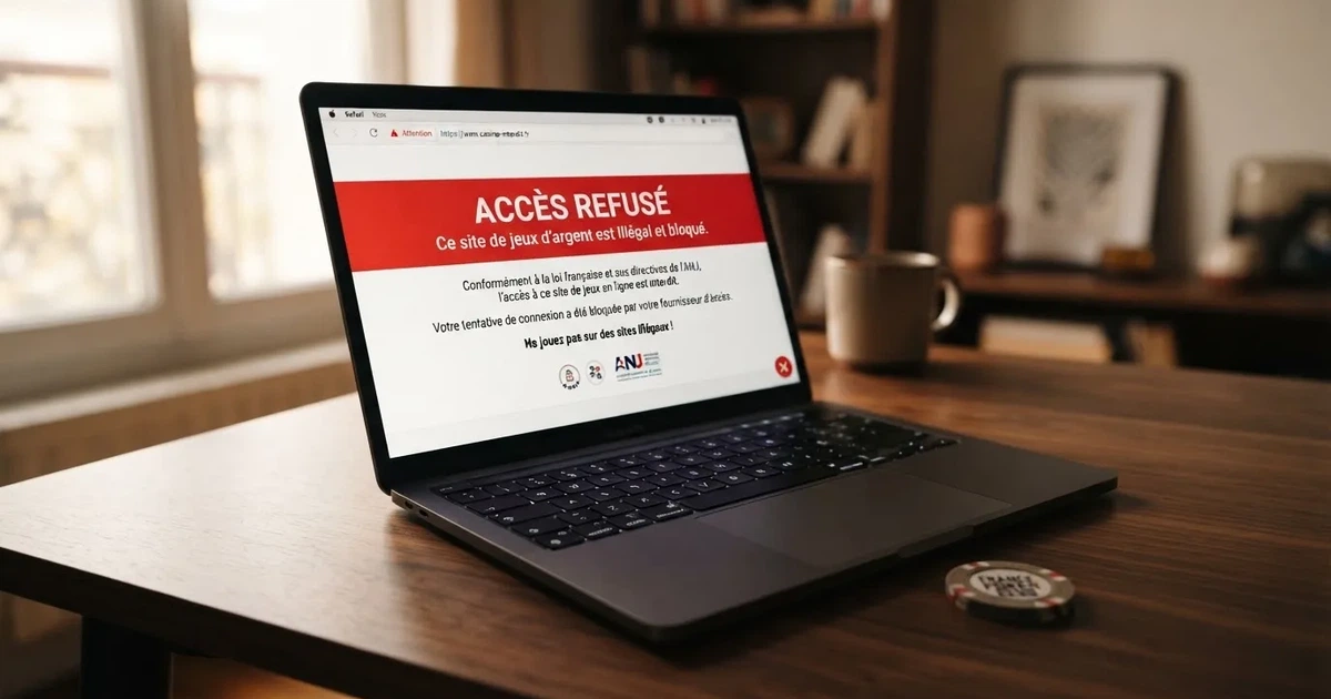 Page d'avertissement affichant le blocage d'un site de casino en ligne non autorisé en France