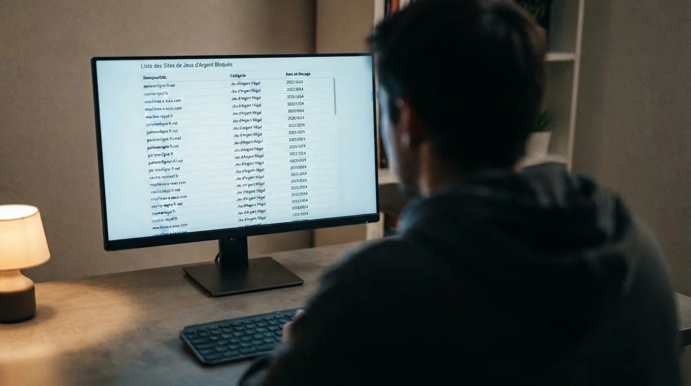 écran d'ordinateur affichant une longue liste de sites de jeux bloqués
