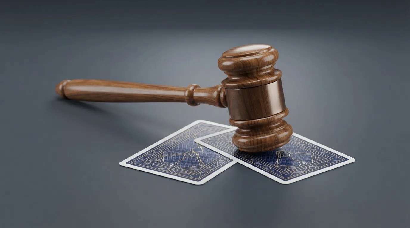 Un marteau de juge posé sur des cartes à jouer, symbolisant l'interdiction légale du casino en ligne en France.
