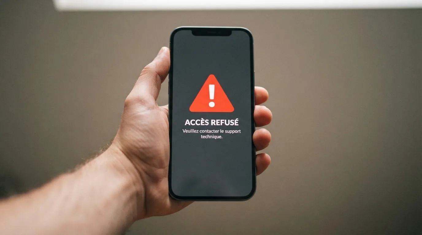 Main tenant un smartphone affichant un message d'avertissement d'accès bloqué