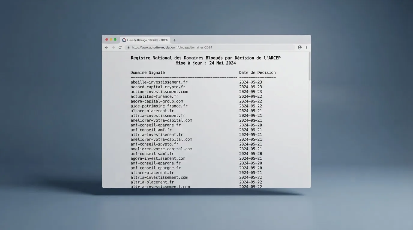 A browser window displaying a long CSV-style list of blocked website domains with decision dates in a column, no brand logos