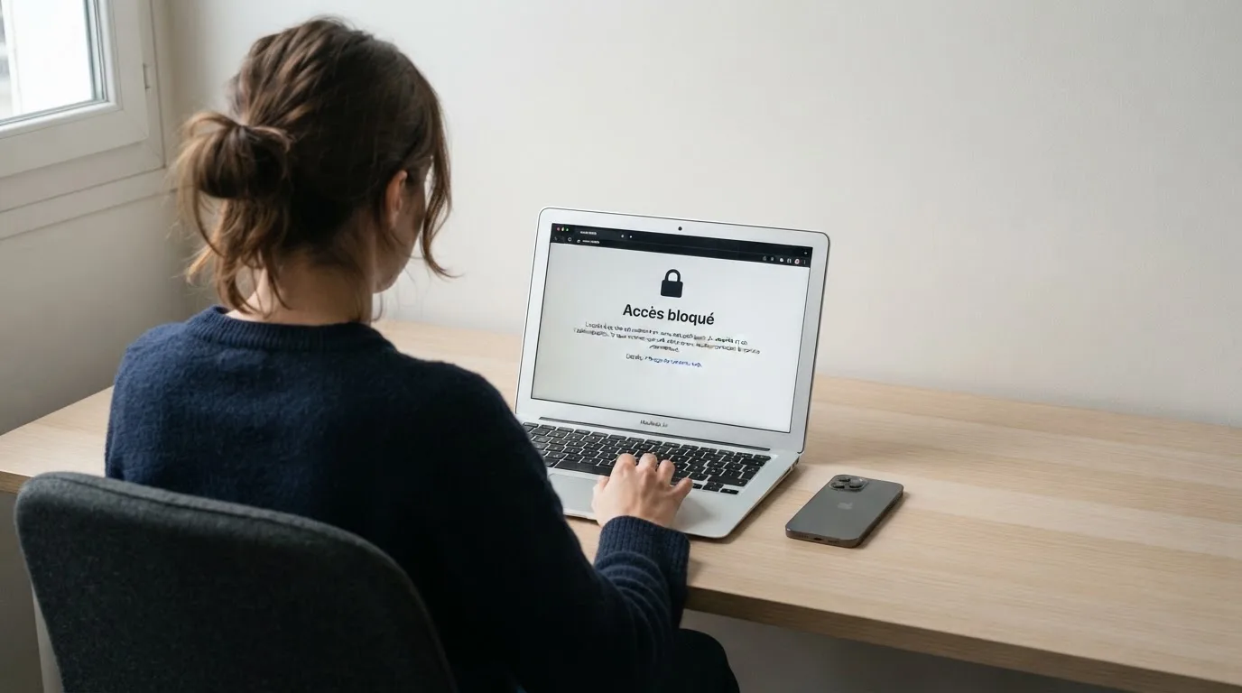 Page d'un navigateur affichant un message d'accès bloqué à un site de jeu, symbolisant le blocage administratif