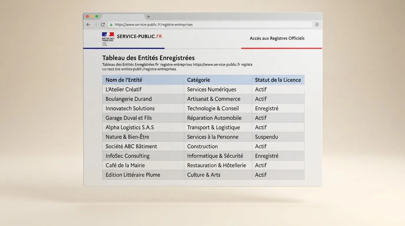 An official-looking government registry page listing licensed operator names and categories in a simple table, no logos