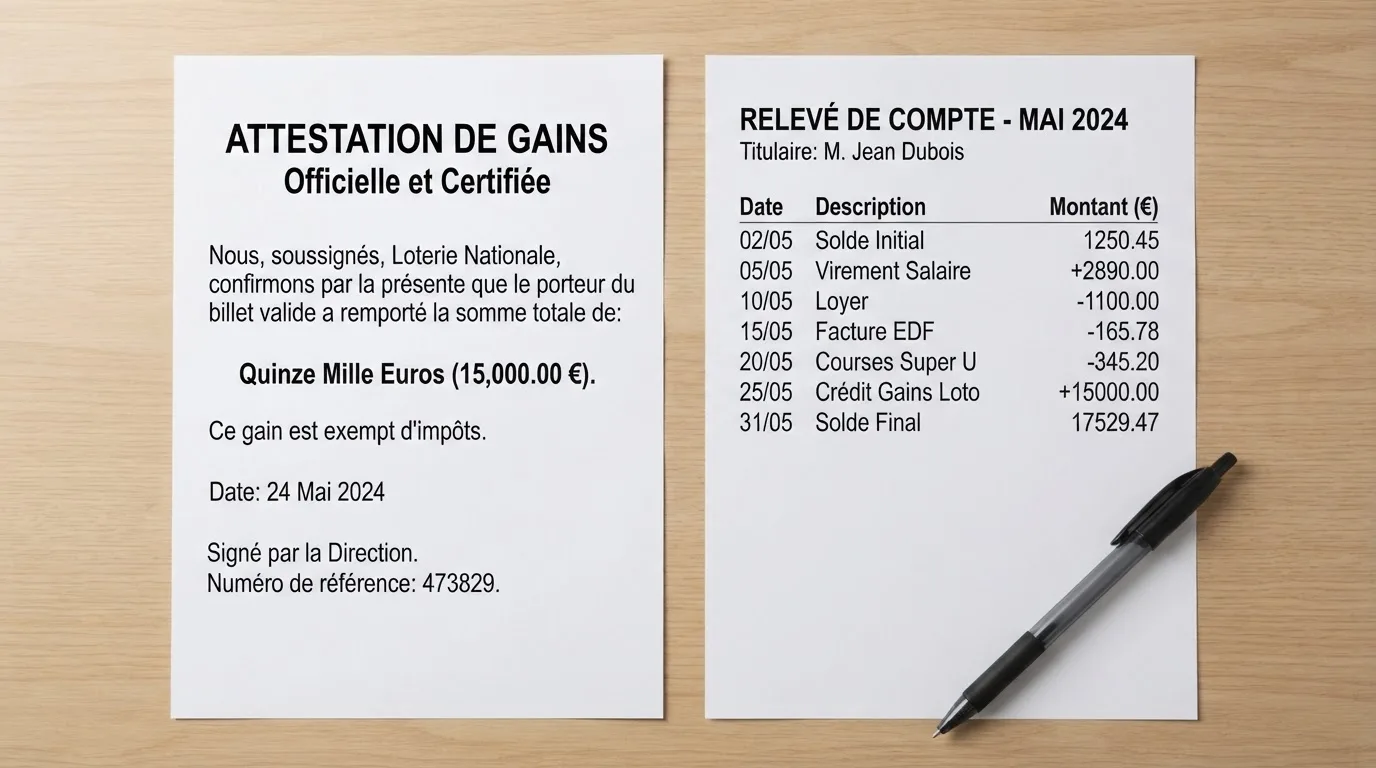 Document d'attestation de gain posé à côté d'un relevé bancaire sur un bureau
