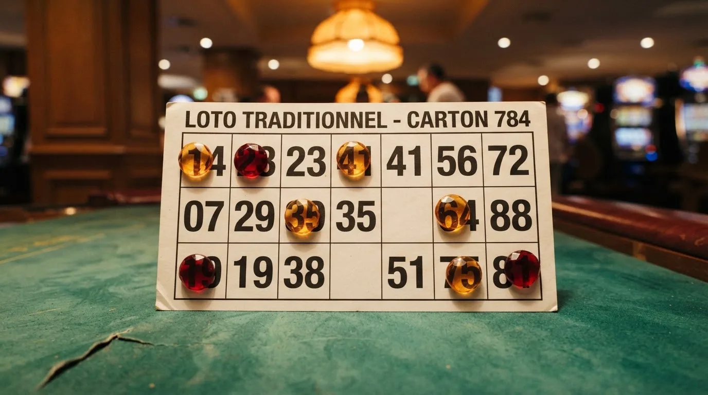 Grille de bingo avec un carton 3 lignes sur 9 colonnes et des jetons numérotés posés dessus
