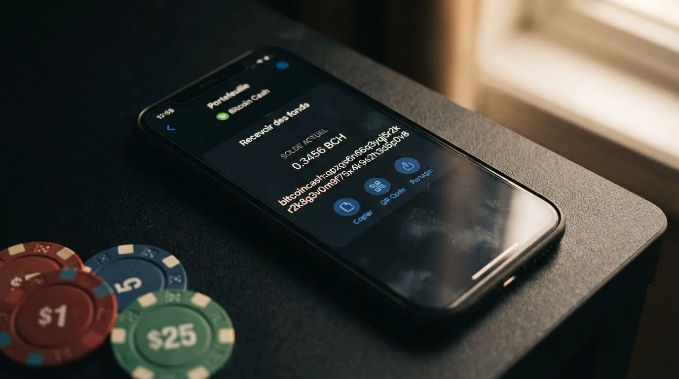 Gros plan sur une application de portefeuille crypto affichant une adresse Bitcoin Cash au format CashAddr commençant par la lettre q, sur fond de pièces BCH.