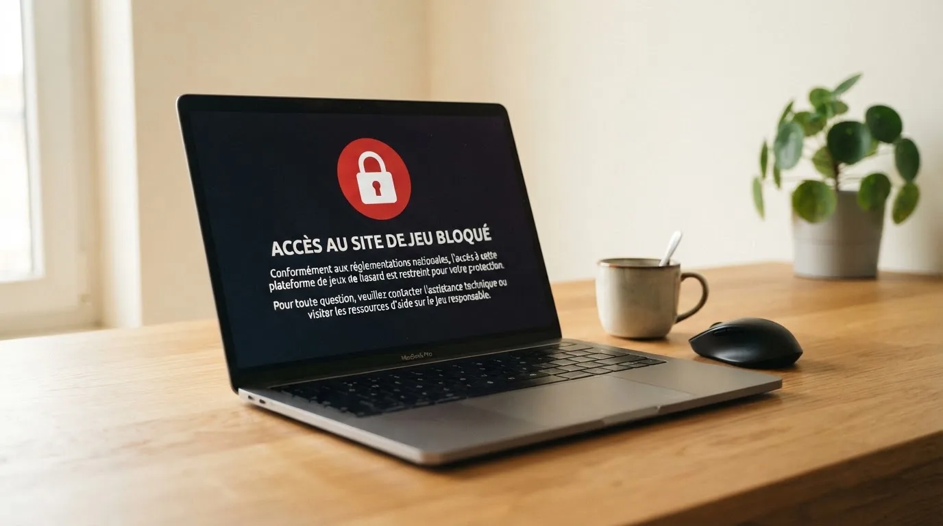 écran affichant un avertissement de blocage d'accès à un site de jeu
