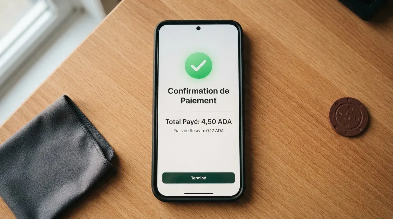 Confirmation d'une transaction Cardano affichée sur l'interface d'un casino en ligne, avec le montant des frais de réseau détaillé