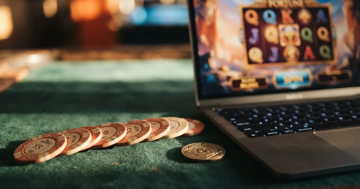 Pièces physiques et jeton numérique Cardano (ADA) posés à côté d'un écran affichant un casino en ligne