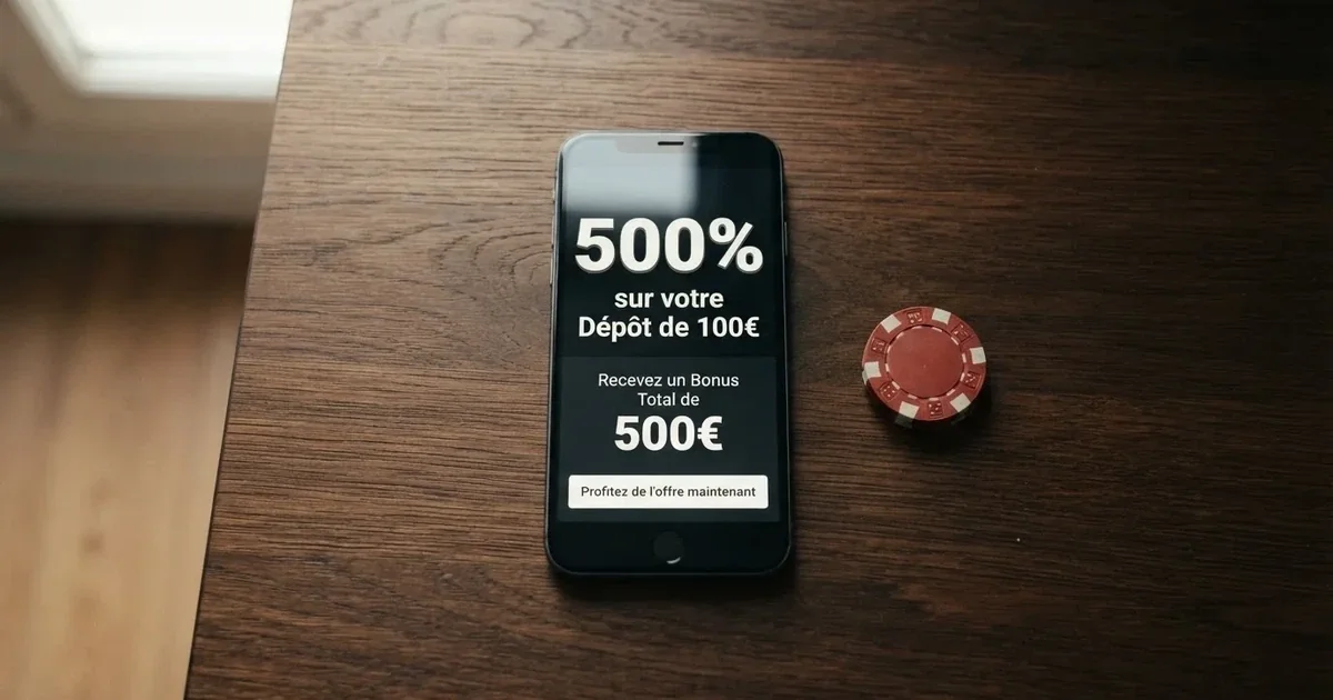 Gros plan sur un smartphone affichant un calcul de pourcentage de bonus casino appliqué à un dépôt en euros, sans logo de marque visible