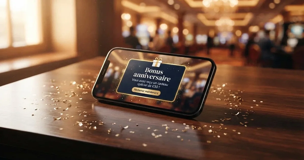 Écran de smartphone affichant une notification de bonus d'anniversaire dans une interface de casino en ligne, entourée de confettis dorés