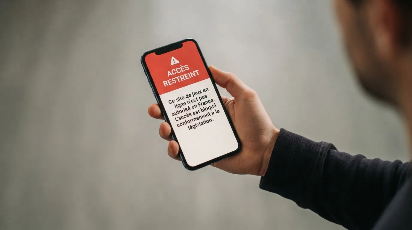 Écran de smartphone affichant un avertissement officiel sur les jeux d'argent illégaux en ligne en France