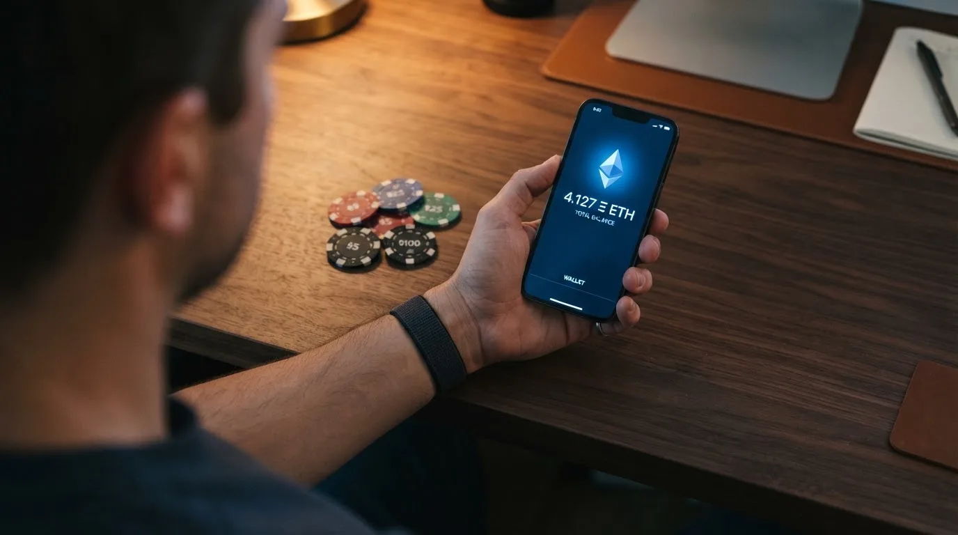 Portefeuille numérique affichant un solde en cryptomonnaie prêt à être transféré vers un compte de jeu