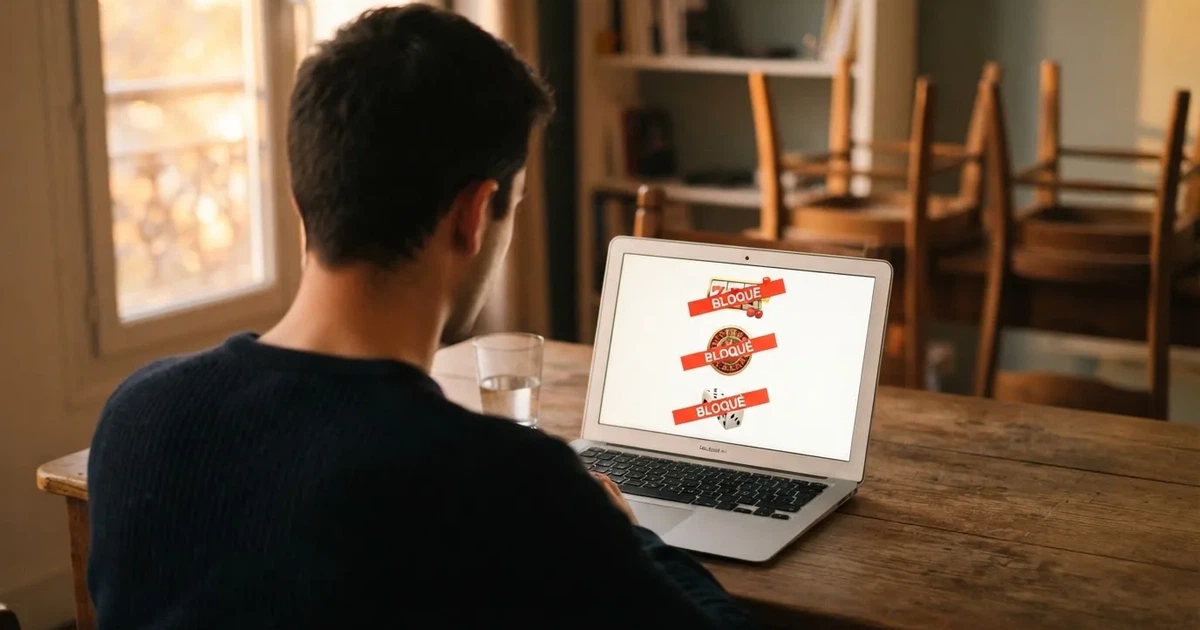 a French player looking at a screen listing several offshore casino brand logos crossed out with a « blocked » ribbon