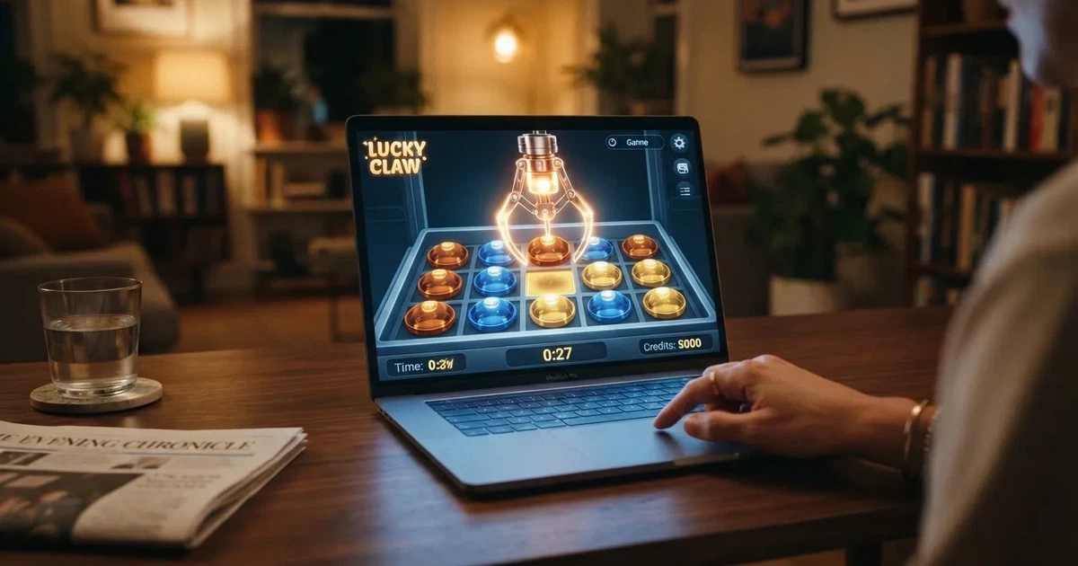 Une main de joueur actionne une pince mécanique lumineuse au-dessus d'un plateau de récompenses sur un écran de casino en ligne