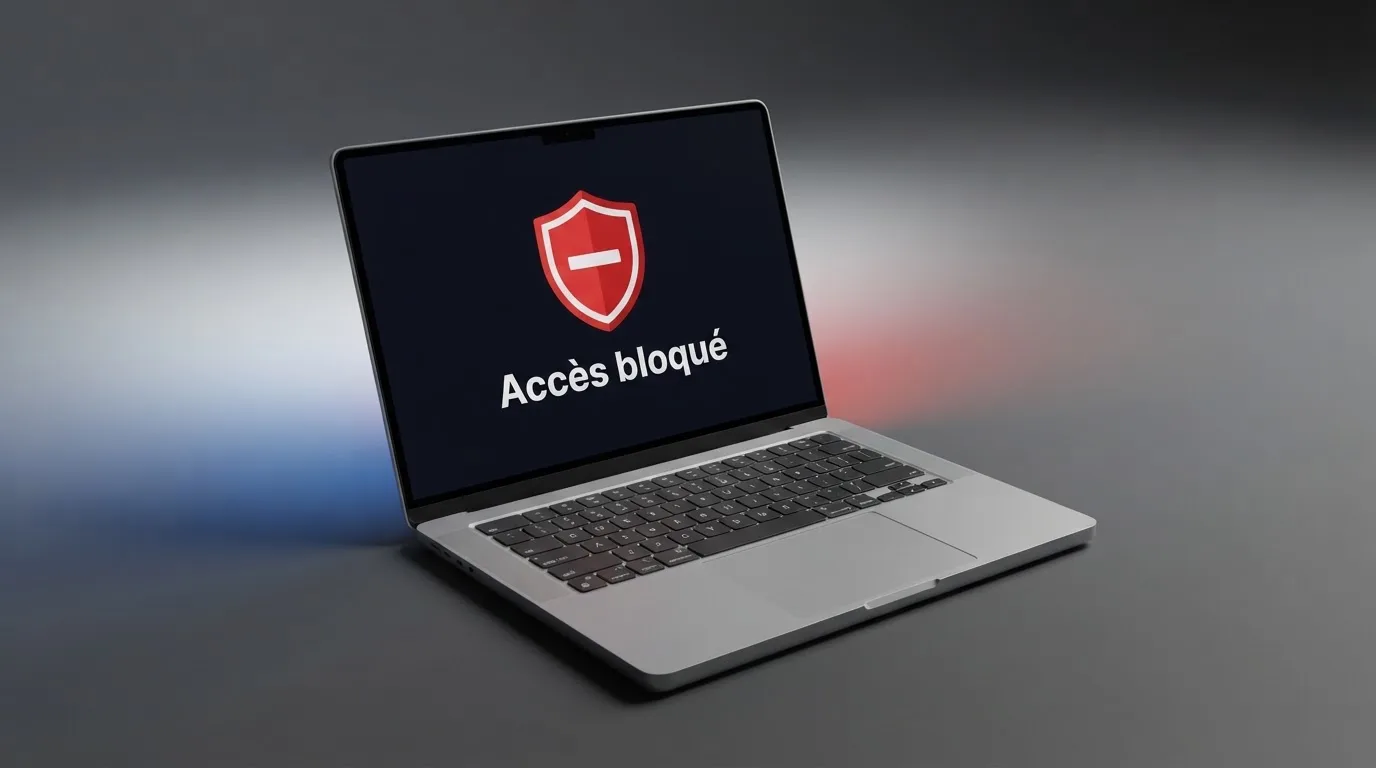 Un écran d'ordinateur affiche un message d'accès bloqué à un site de jeux d'argent non autorisé, sur fond de drapeau français stylisé.