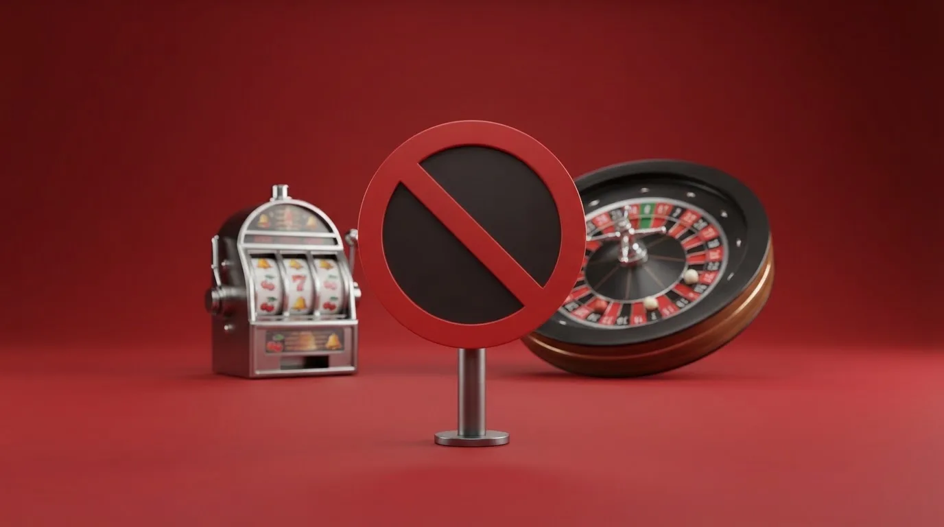 pictogramme d'interdiction superposé à une roulette et des machines à sous, illustrant l'interdiction du casino en ligne en France