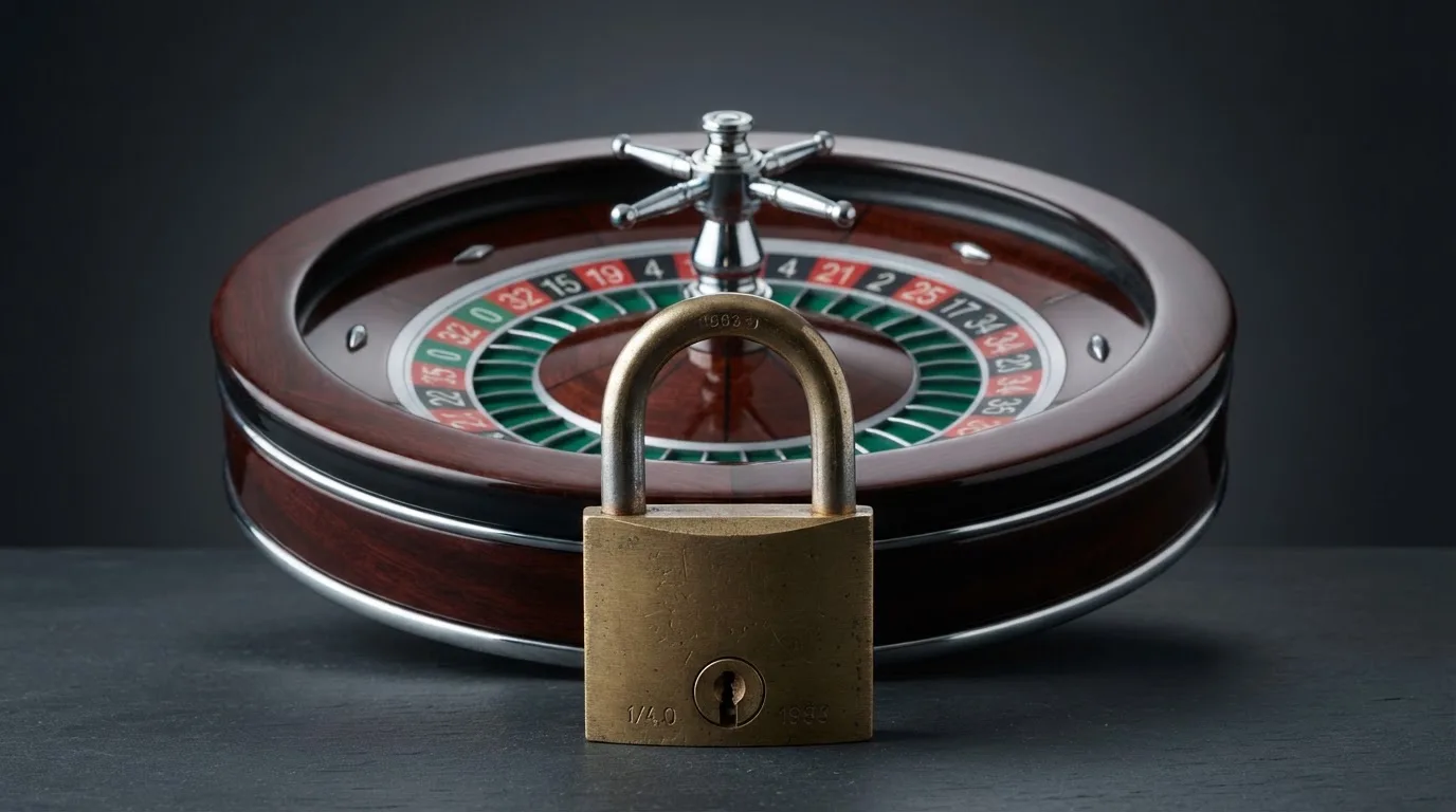 Le logo de l'Autorité nationale des jeux (ANJ) associé à un symbole d'interdiction sur fond de roulette de casino.