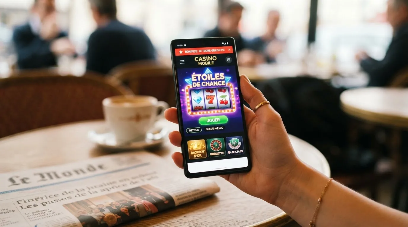 Écran de smartphone affichant l'interface mobile d'un casino en ligne avec une notification de tours gratuits