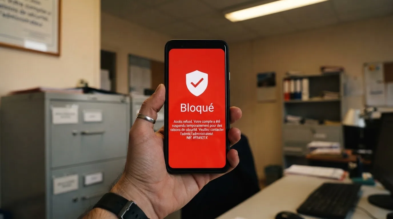 Main tenant un smartphone affichant un écran de blocage de site avec un message d'avertissement rouge, dans un décor évoquant un bureau administratif français.