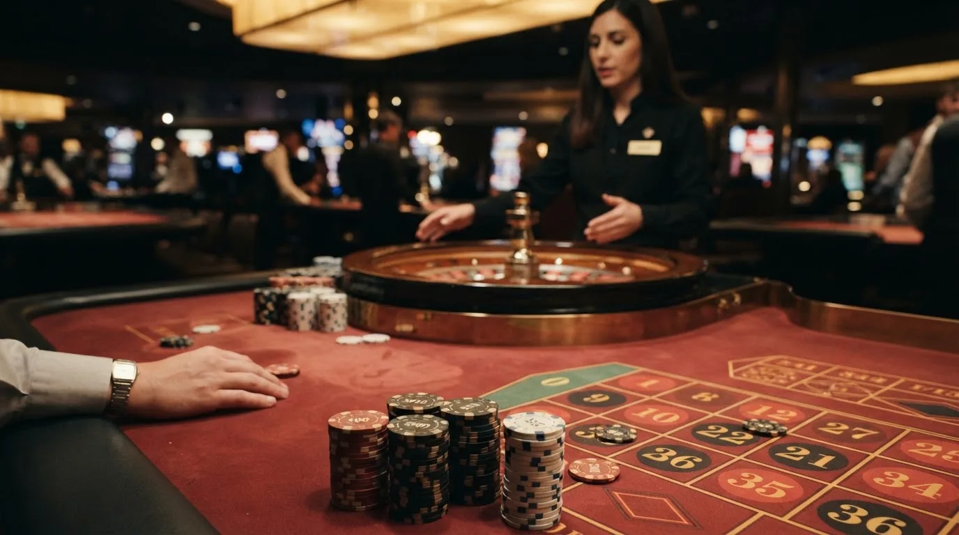 Table de roulette en direct vue depuis la perspective d'un joueur, jetons de valeur élevée empilés au premier plan