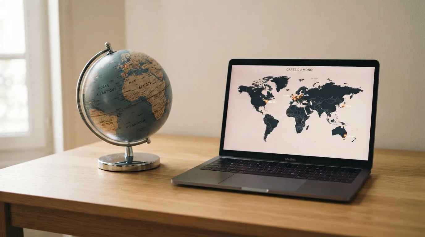 Un globe terrestre posé à côté d'un ordinateur portable affichant une carte du monde.