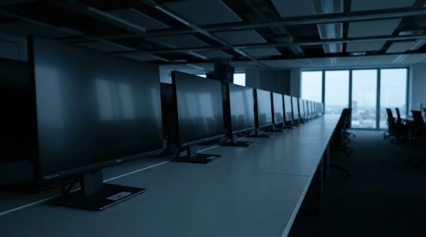 Une rangée d'écrans d'ordinateur éteints dans un bureau vide.
