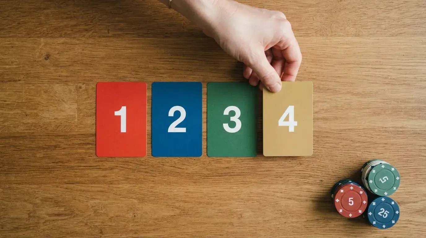 overhead flat-lay of a hand ranking printed casino logos on numbered cards on a desk