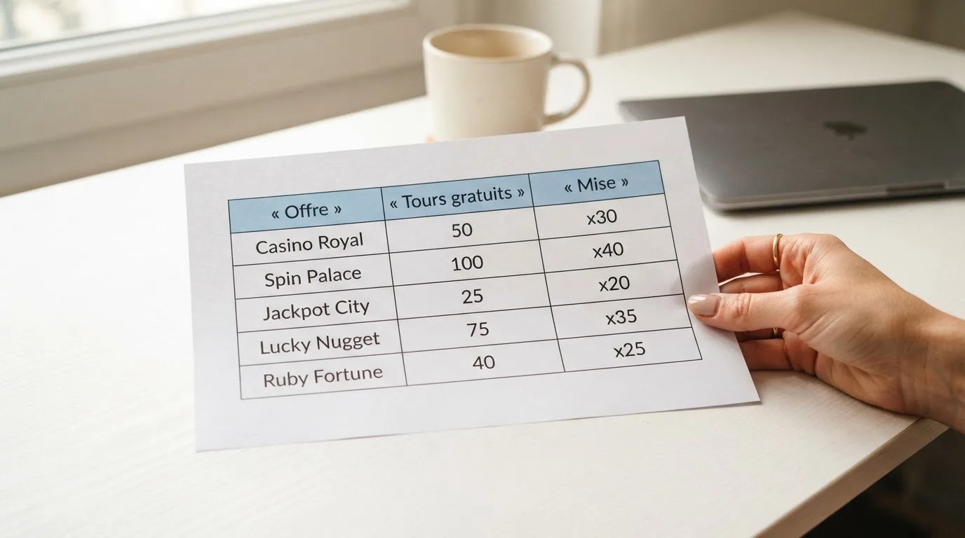 Tableau comparatif affichant plusieurs marques de casino en ligne classées selon leurs offres de tours gratuits