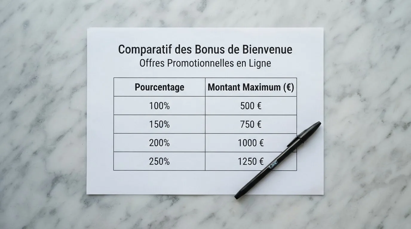 Vue de dessus d'un tableau comparatif papier listant plusieurs pourcentages de bonus de bienvenue de casinos en ligne, un stylo posé à côté, sans logo de marque visible