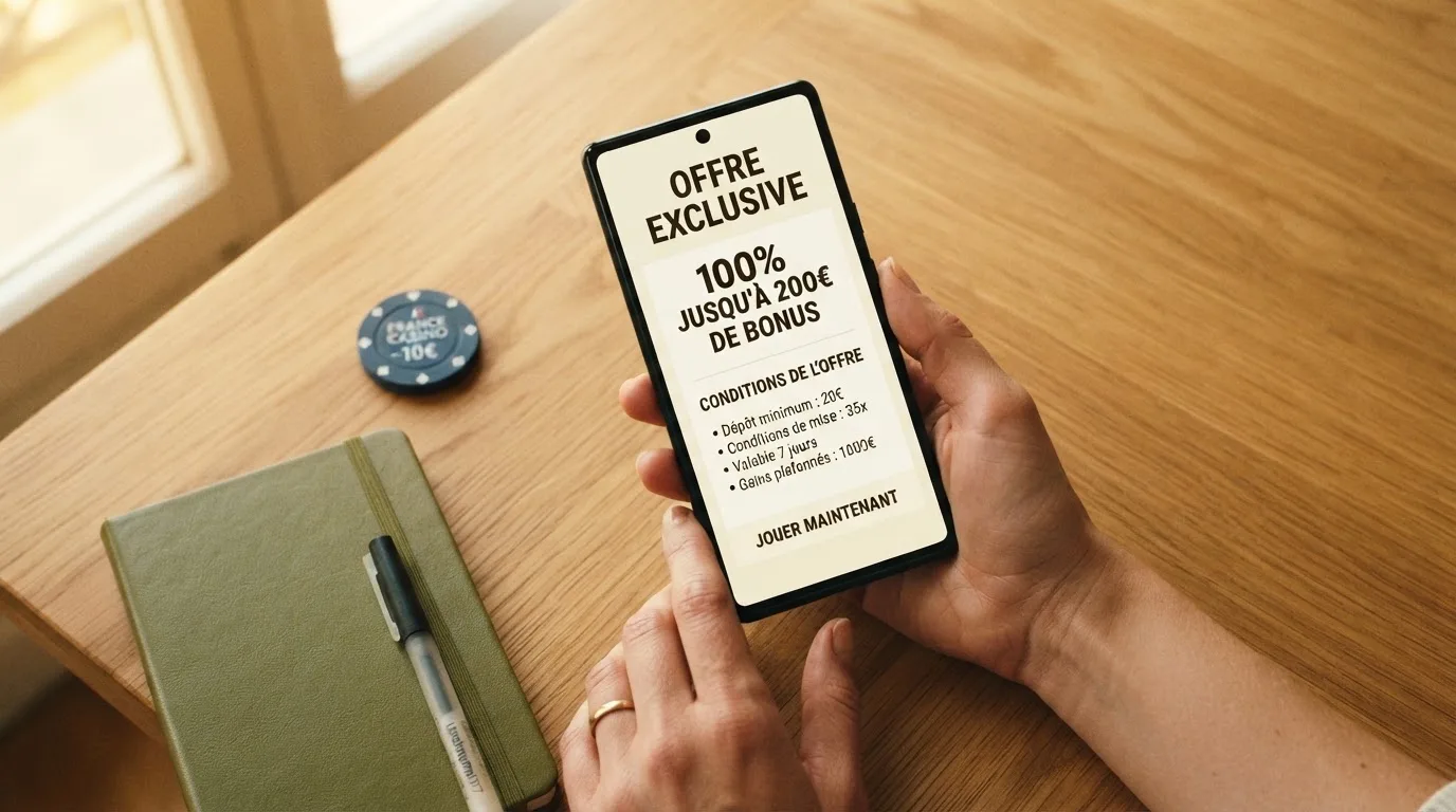 Un joueur consultant sur son téléphone les conditions de mise d'un bonus de casino en ligne.