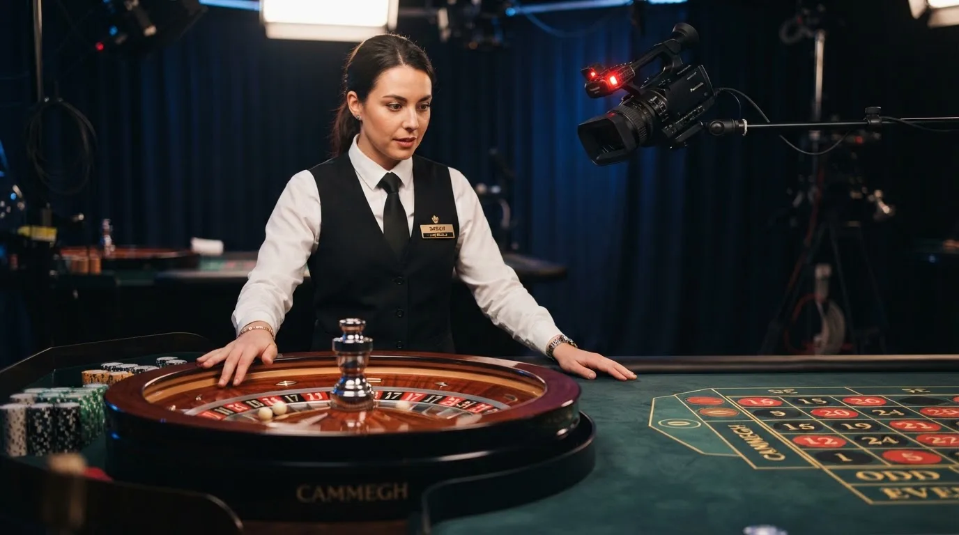 a live dealer standing at a roulette wheel under studio lighting, streaming camera visible above the table