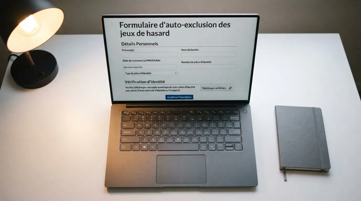 a laptop screen showing a government self-exclusion registration form with an identity-check step, no logos visible
