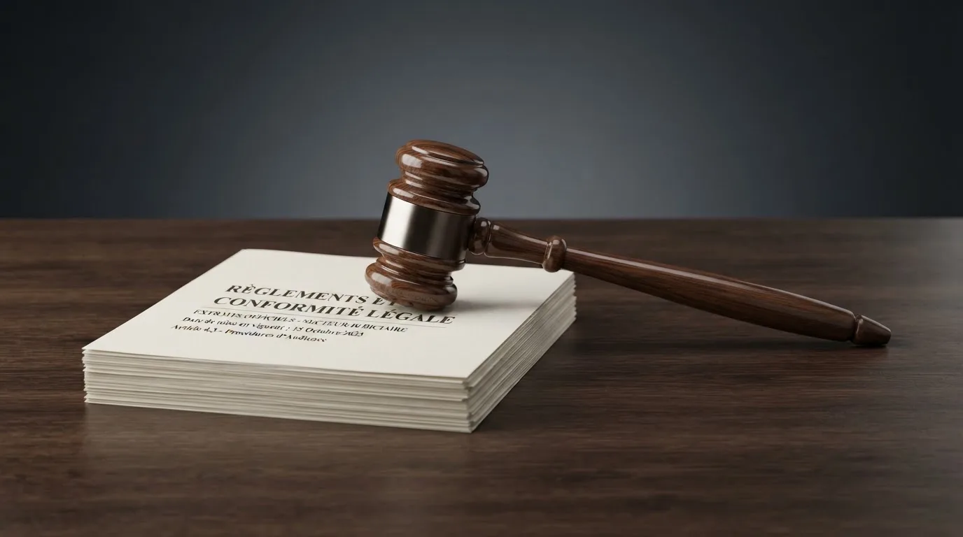 A gavel resting beside official regulatory documents on a wooden desk