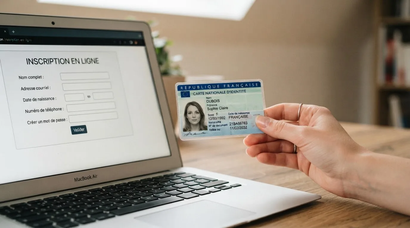 Close-up of a hand holding an identity document next to a laptop showing an online registration form