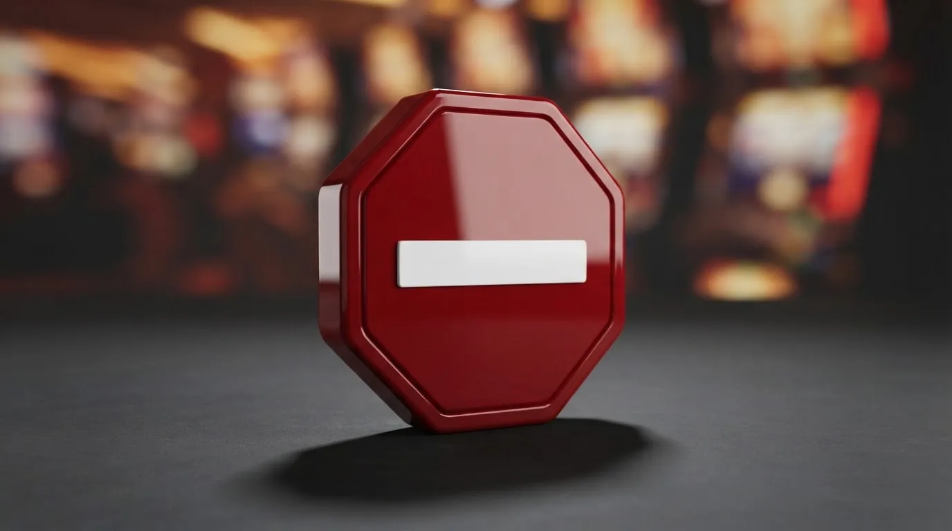 a red official-style stop/prohibition icon overlaid on a blurred casino slot-reel background