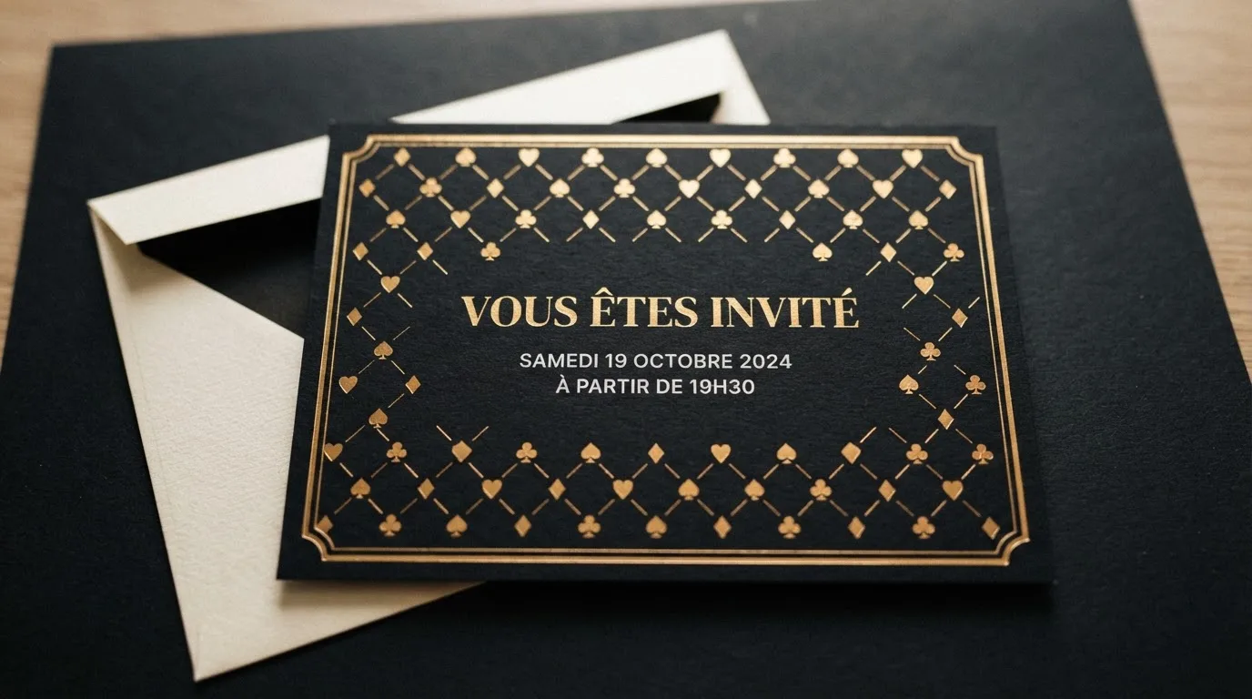 Carte d'invitation imprimée sur fond noir et doré avec un motif de cartes à jouer, posée à côté d'une enveloppe, pour un anniversaire à thème casino