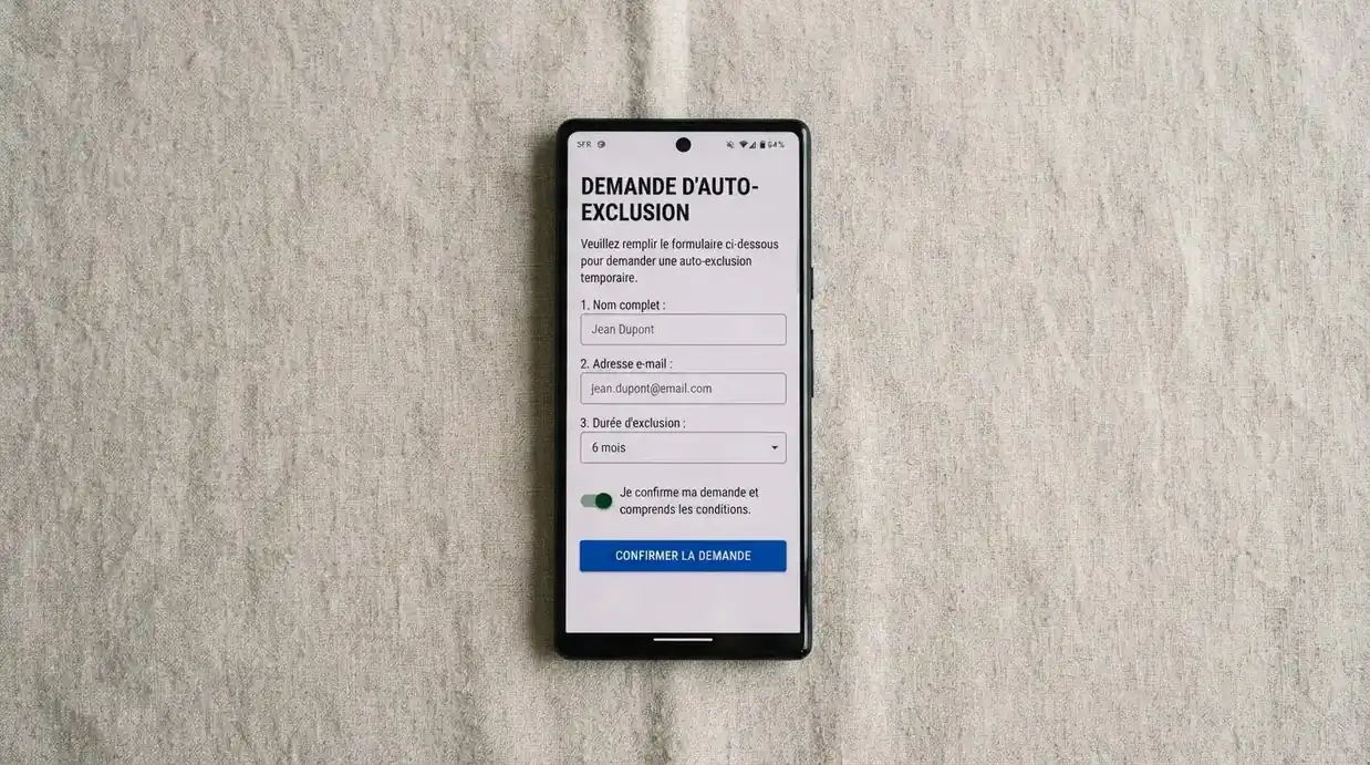 Formulaire de demande d'interdiction volontaire de jeux ouvert sur un smartphone