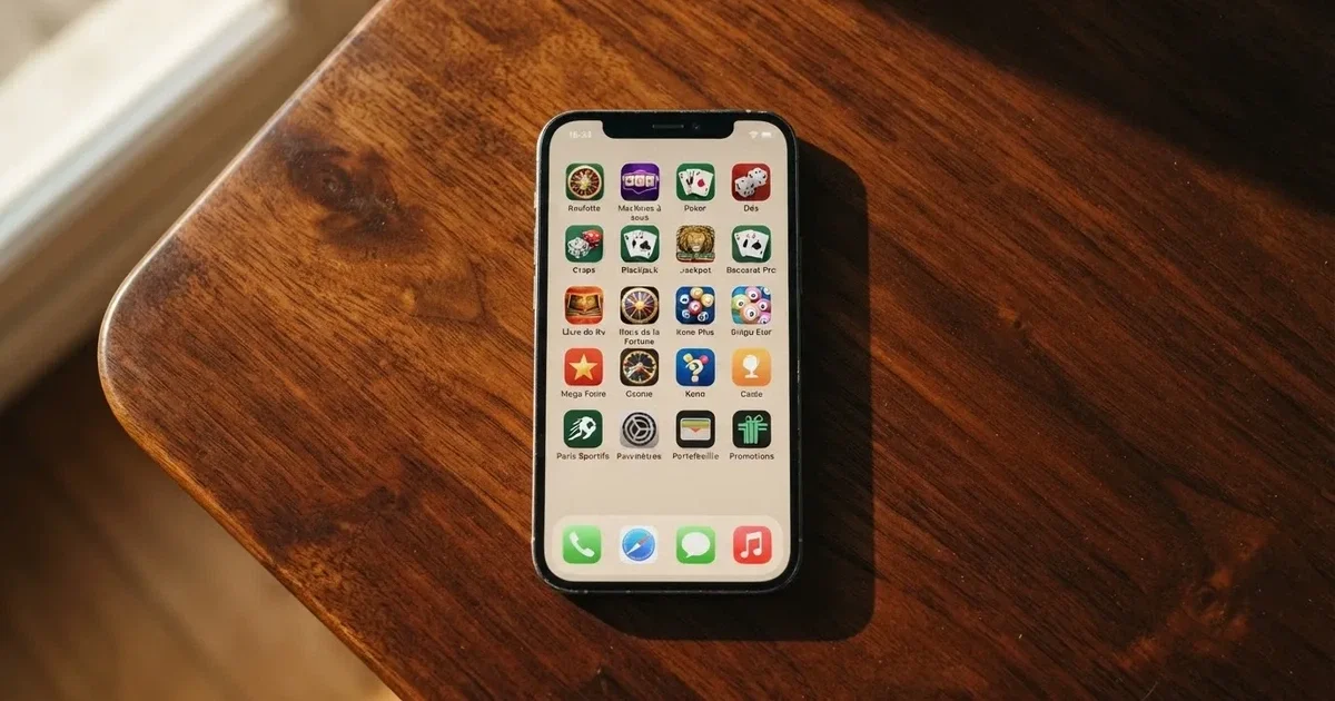 Écran de smartphone affichant une grille d'icônes d'applications de jeux, sans nom de marque lisible.