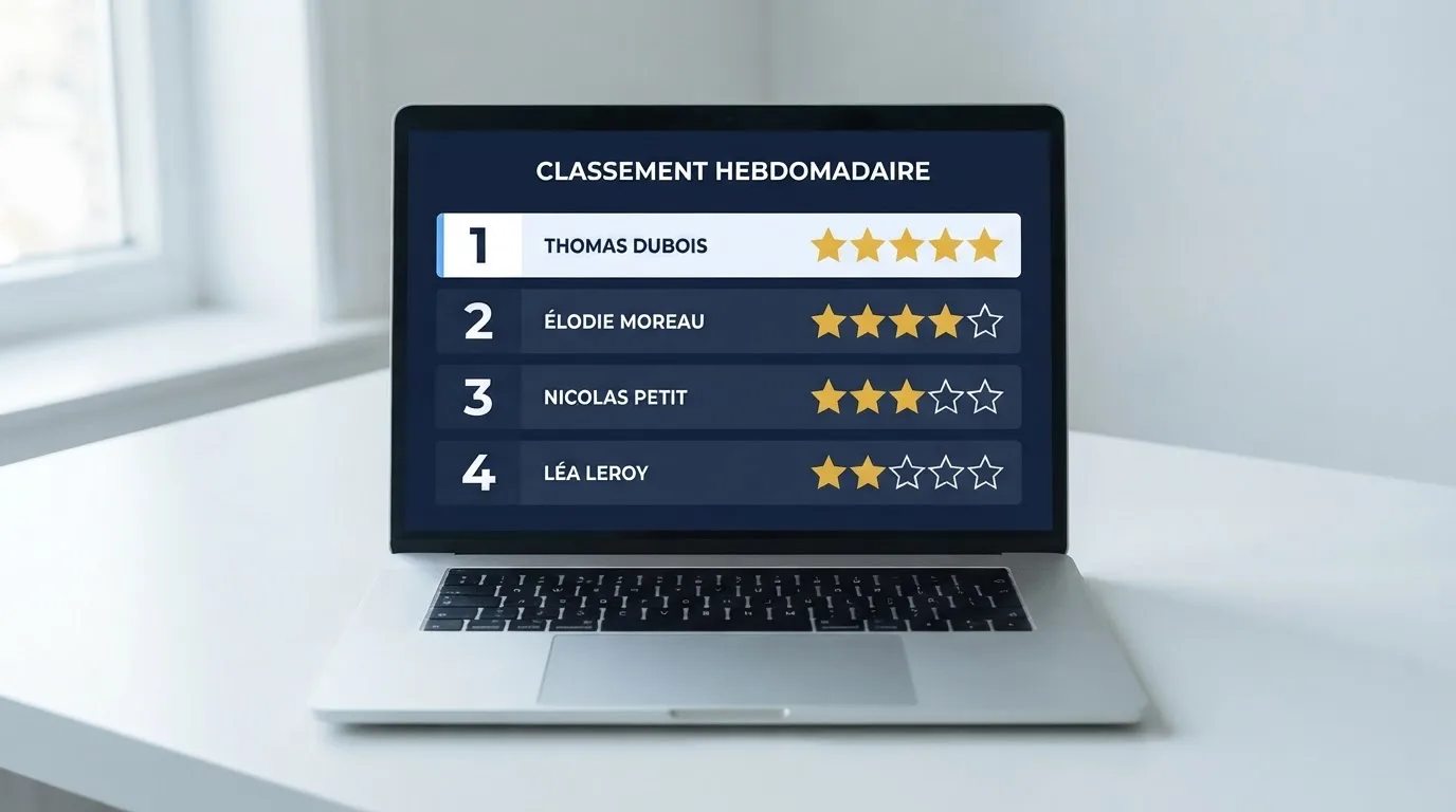 Liste de notes et d'étoiles affichée sur un écran, évoquant un classement d'applications sans nom de marque.