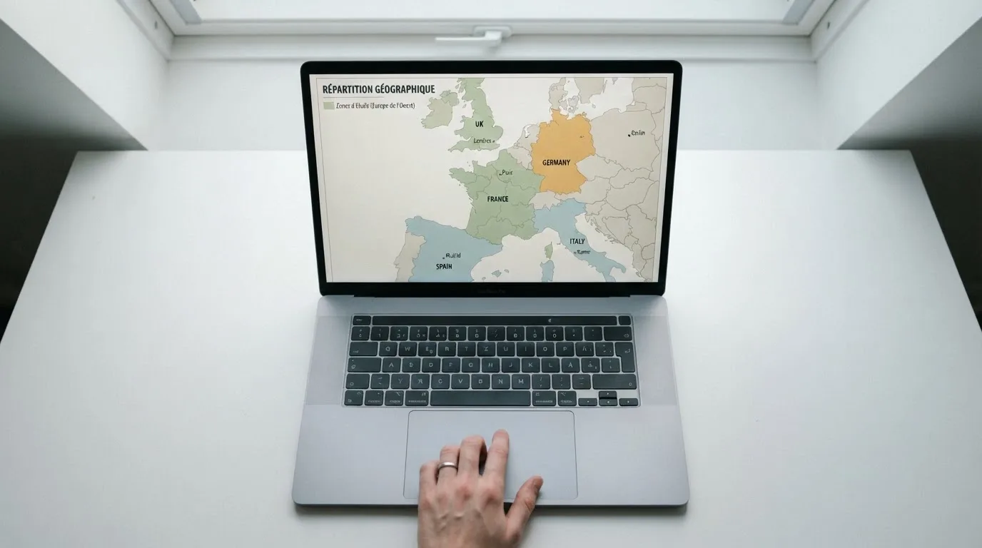 Carte de l'Europe affichée sur un écran avec des zones de couleurs différentes marquant des juridictions.