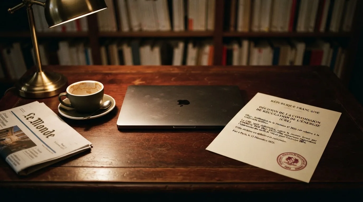 Document officiel avec un cachet administratif posé sur un bureau, à côté d'un ordinateur portable fermé.