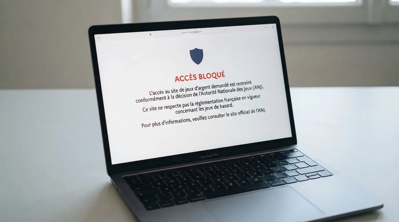 Écran de navigateur affichant un message d'avertissement sur un site de casino en ligne bloqué en France, avec le logo de l'ANJ en arrière-plan symbolique