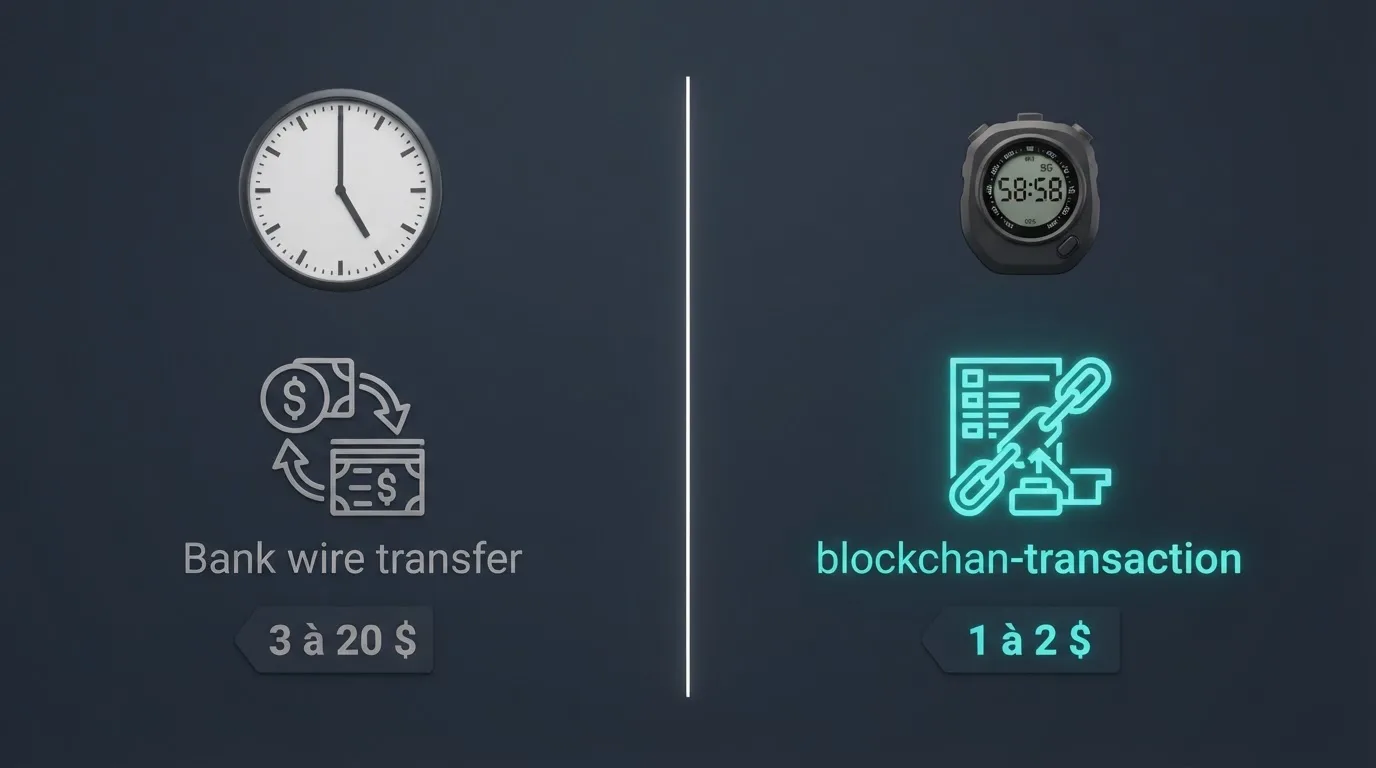 a split-screen graphic comparing a slow bank-transfer icon against a fast blockchain-transfer icon with a stopwatch