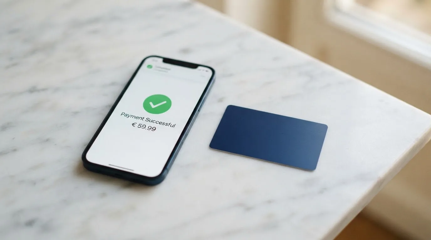 Close-up of a bank card and a smartphone displaying a payment confirmation screen