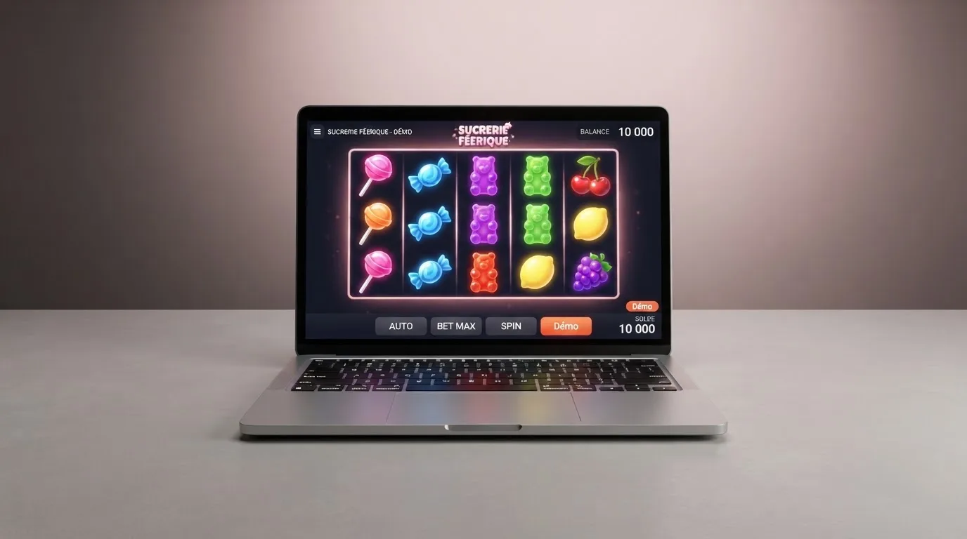 Interface de mode démo d'une machine à sous en ligne, avec un solde affiché en argent fictif