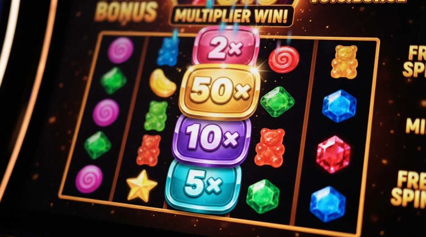Gros plan sur des symboles multiplicateurs colorés qui s'accumulent lors d'un tour bonus de machine à sous