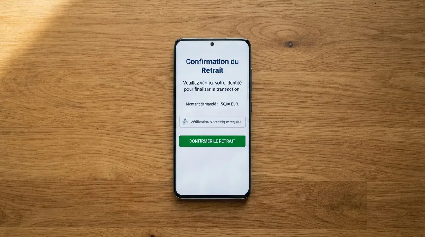 Formulaire de retrait en ligne affichant une demande de justificatif avant validation du paiement